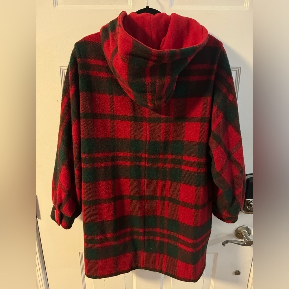 Mackintosh of New England 80’s Red Green Plaid Wool Hooded Coat Made USA Toggle - Picture 5 of 14